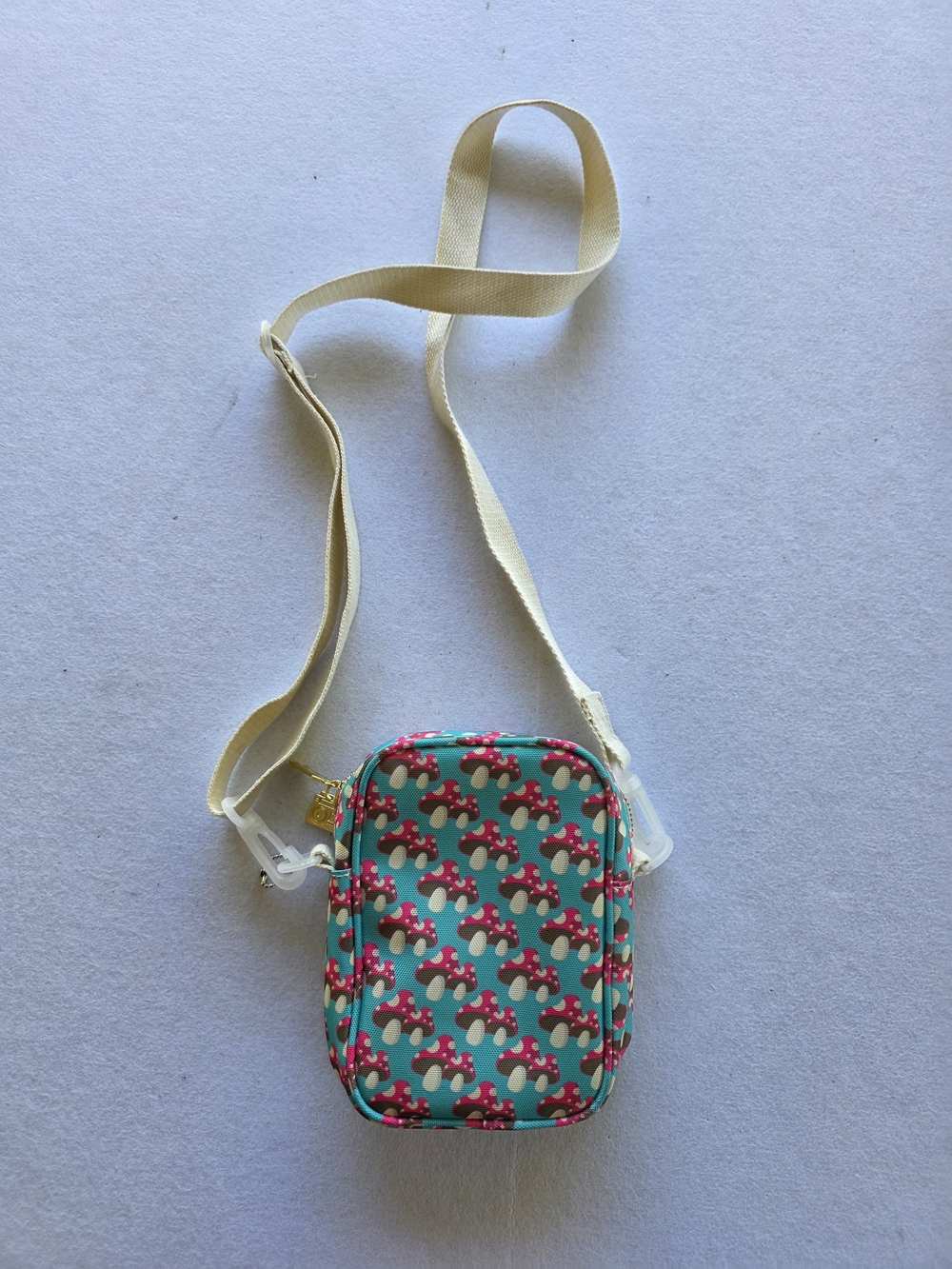 Teal Mushroom-Print Crossbody Bag with Cream Strap